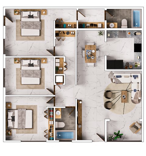 Floor plan for 3 beds, 2 baths, 1300 sqft